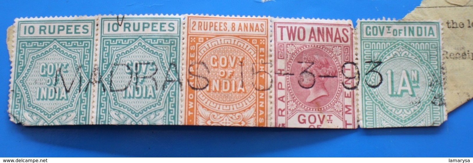 MADRAS 1893 GOVERNMENT OF INDIA Tax 5 Stamps Service Ex English Colony Cancellation Stamp-Timbre Fiscal Service - 1854 Compagnia Inglese Delle Indie