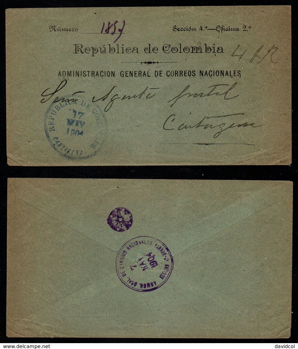 C119-COLOMBIA- 1904 - CIRCULATED OFFICIAL COVER FROM BOGOTA MAY-7-1904 TO CARTAGENA 17- MAY-1904 - Colombia