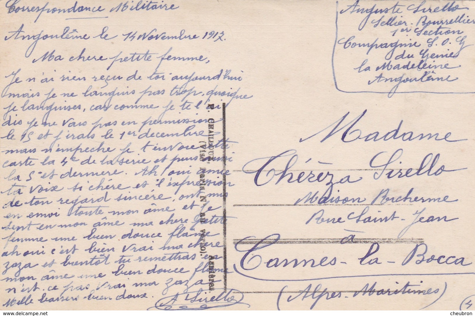 16. ANGOULÊME. CARTE FANTAISIE . CPA. COUPLE  " CHARME D'AMOUR " + TEXTE MILITARIA DU 14 NOVEMBRE 1917 - War 1914-18