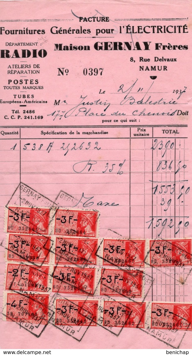 FOURNITURE POUR L'ELECTRICITE - MAISN GERMAY - NAMUR - RADIO - POSTES - TUBES - 02 NOVEMBRE 1937 - Electricity & Gas