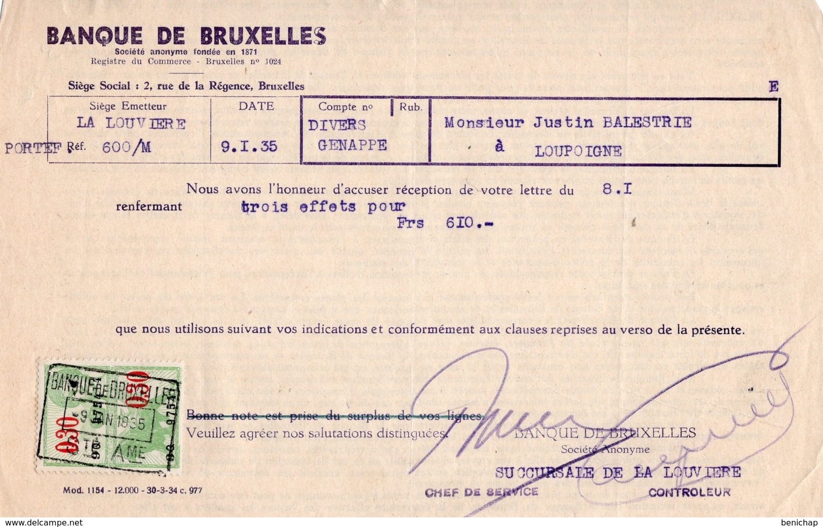 BANQUE DE BRUXELLES - GENAPPE - LOUPOIGNE - LA LOUVIERE - 09 JANVIER 1935. - Bank & Insurance