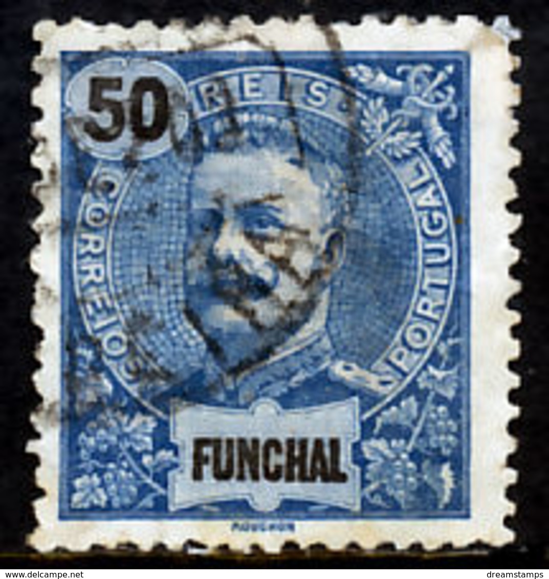 !										■■■■■ds■■ Funchal 1897 AF#19ø King Carlos Mouchon 50 Réis Blue 12,5 (x7432) - Funchal