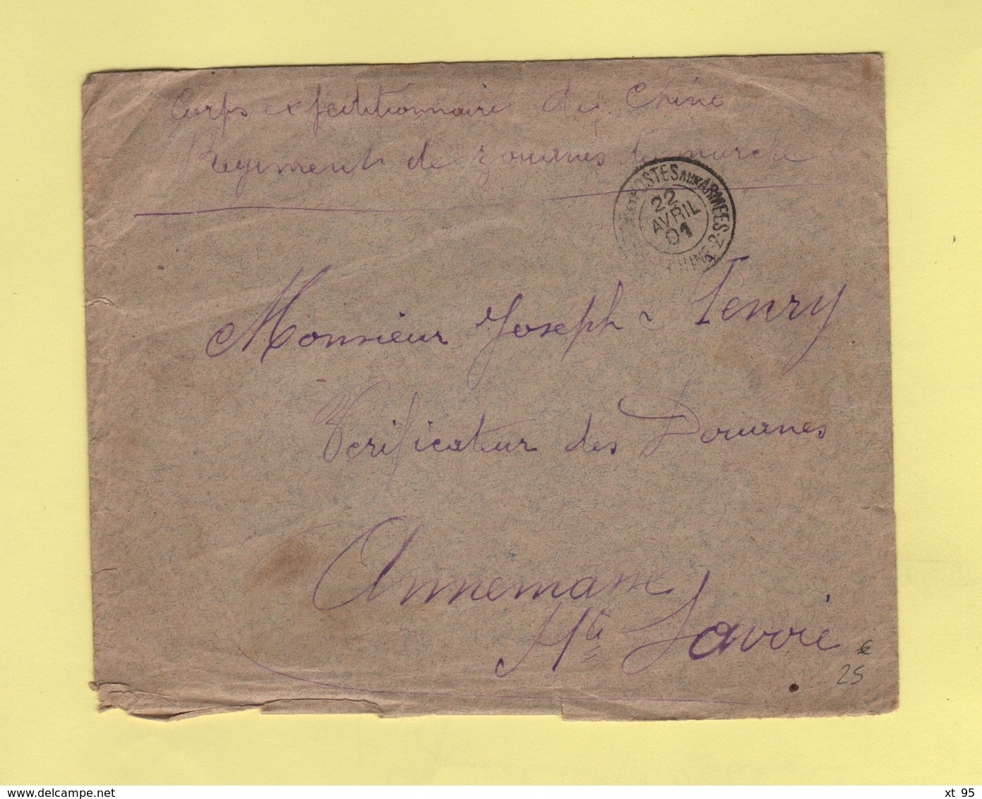 Chine - Tresor Et Postes Aux Armees 2 - 22 Avril 1901 - Corps Expeditionnaire De Chine Regiment De Zouaves De Marche - Briefe U. Dokumente