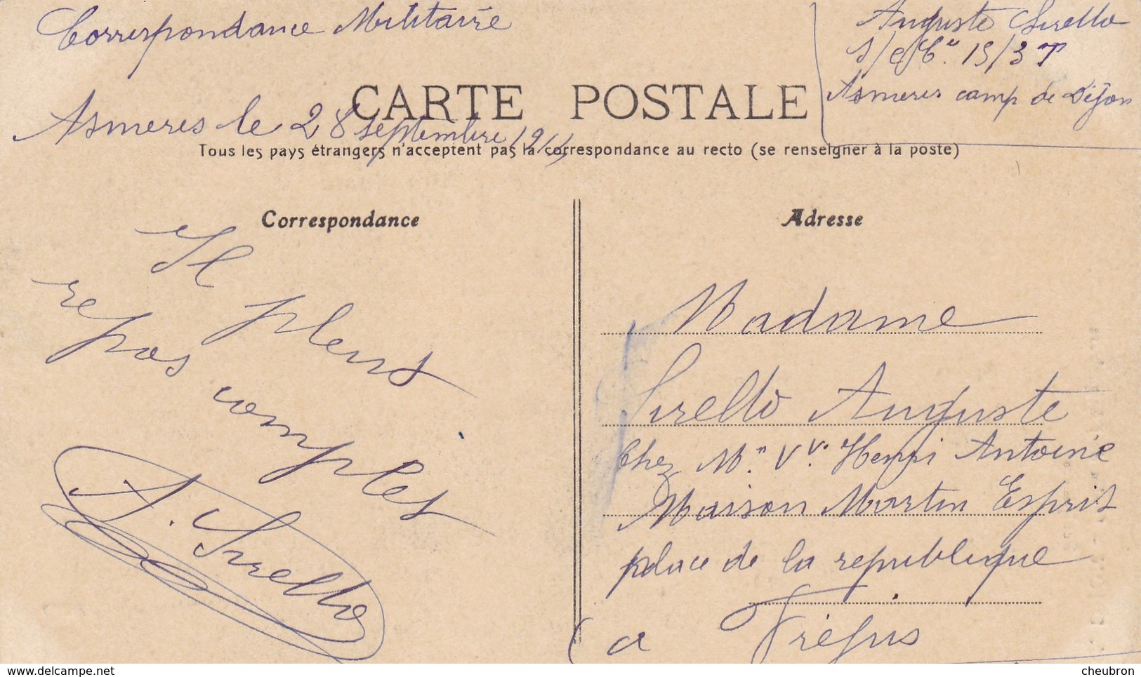 21  ASMERES ( ENVOYE DE). GUERRE 1914-18..3 CPA DJON. SUPPORT DES TEXTES  MILITARIA DES 12-21-28/09/1914 - War 1914-18