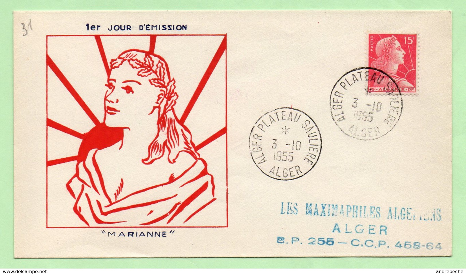 FDC -  MARIANNE De MULLER :  "ALGER PLATEAU SAULIERE"  3/10/1955 - FDC