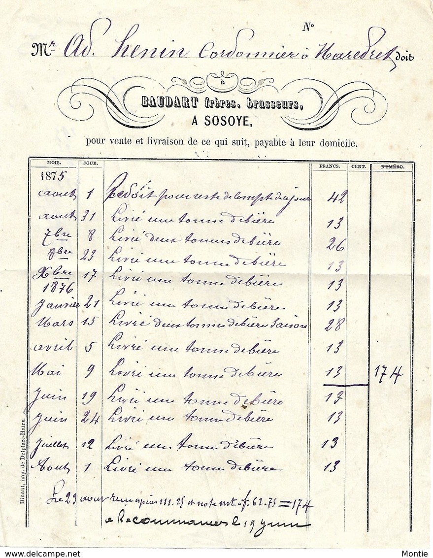 Sosoye - Facture 1875 De La Brasserie Baudart Frères à Sosoye. - 1800 – 1899