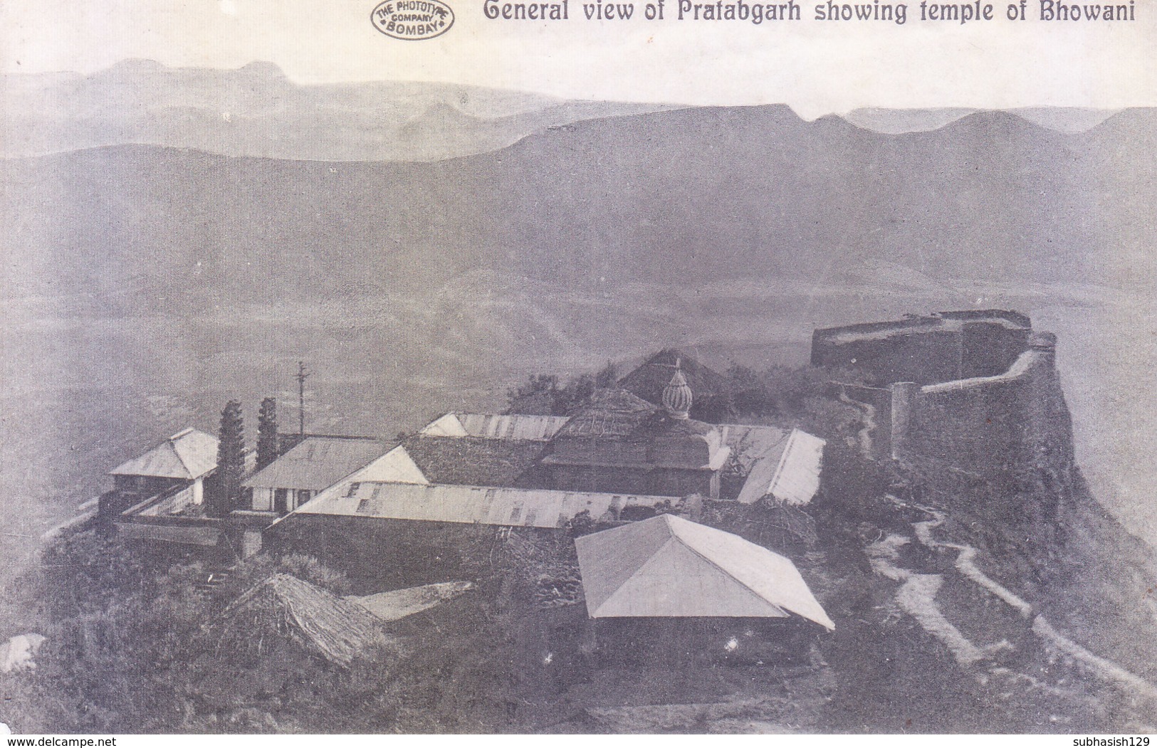 BRITISH INDIA : VINTAGE BLACK & WHITE PICTURE POST CARD : UNUSED : GENERL VVIEW OF PRATABGARH SHOWING TEMPLE OF BHOWANI - Inde