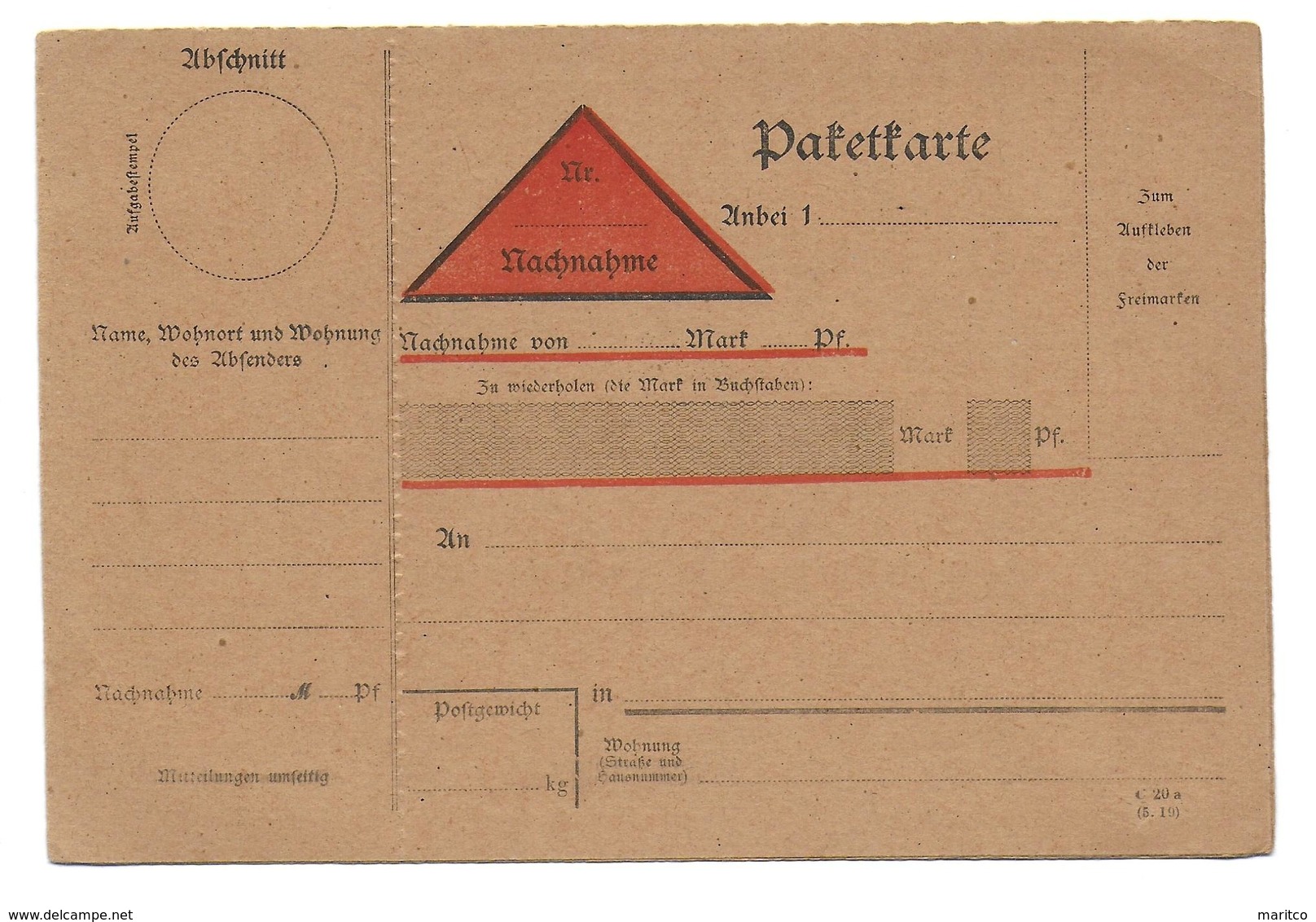 Deutsches Reich Postformular Paketkarte / Postanweisung - Altri & Non Classificati