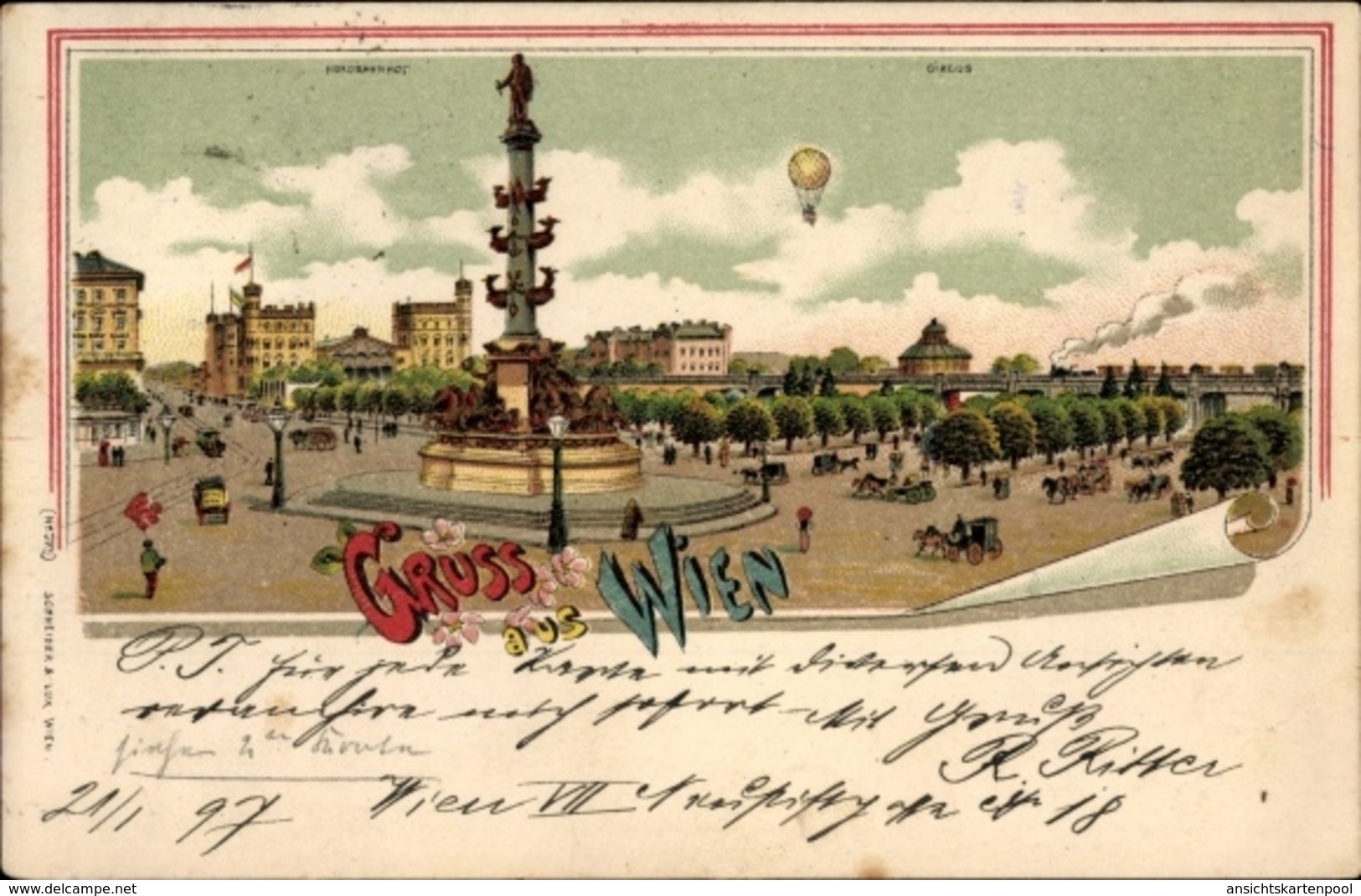 Lithographie Wien 2. Leopoldstadt Österreich, Nordbahnhof, Circus, Fesselballon, Straßenansicht - Sonstige & Ohne Zuordnung