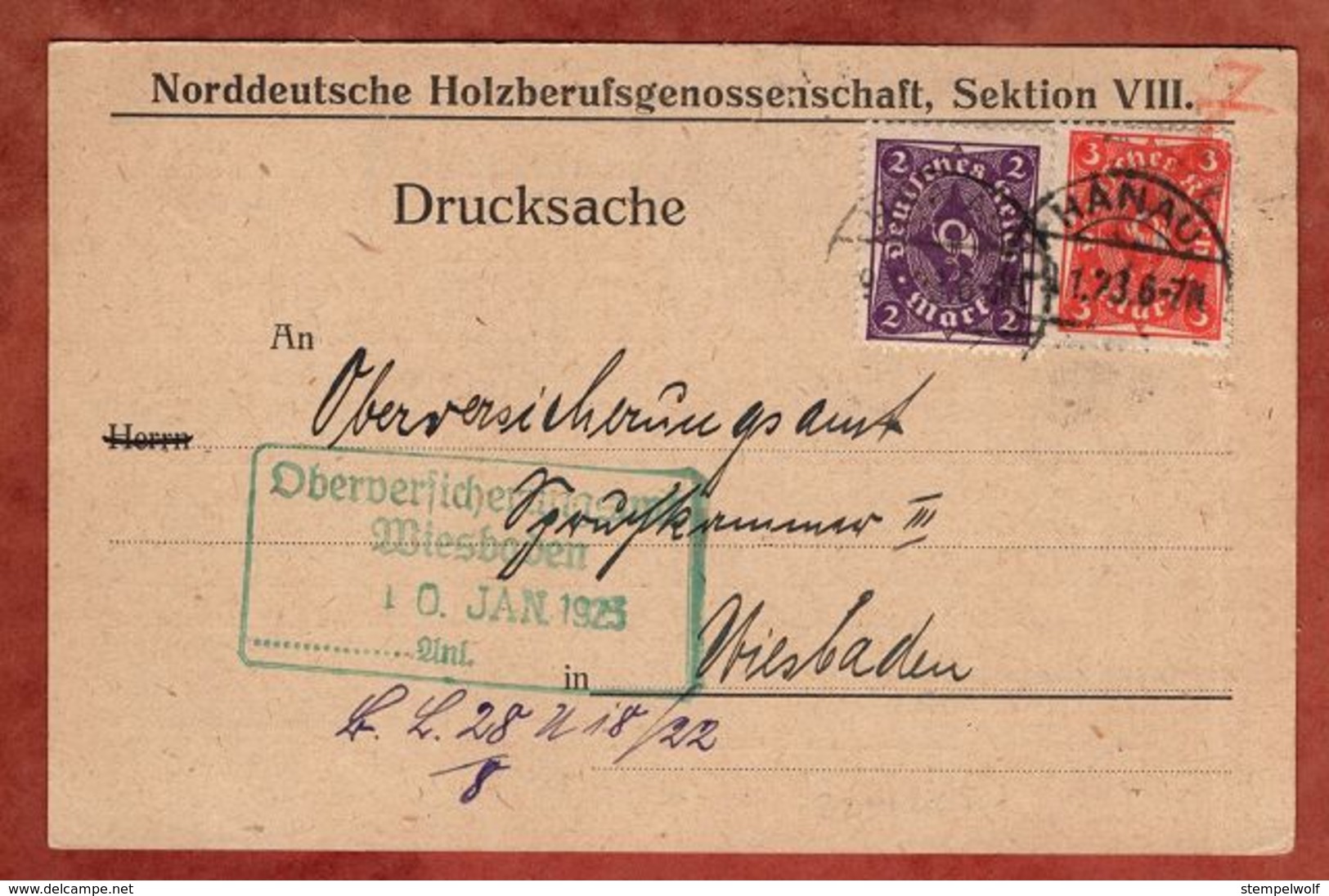 Karte, Drucksache, Posthorn, Hanau Nach Wiesbaden 1923 (91757) - Briefe U. Dokumente
