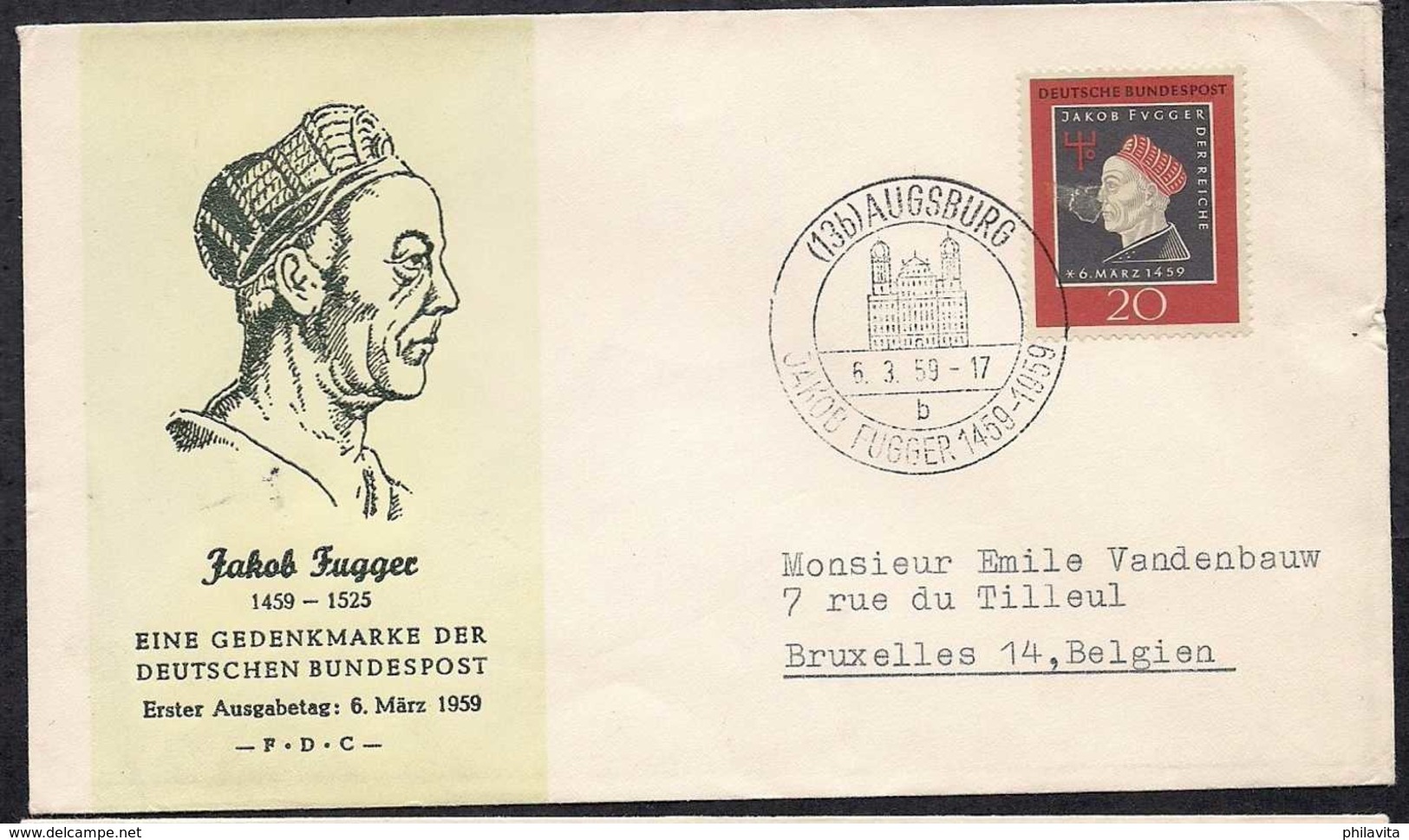1959 W. Germany Cover To Belgium Fuger Der Reicher With FDC Cancelation At Augsburg, Cathedral, Bank, Social Support - Brieven En Documenten