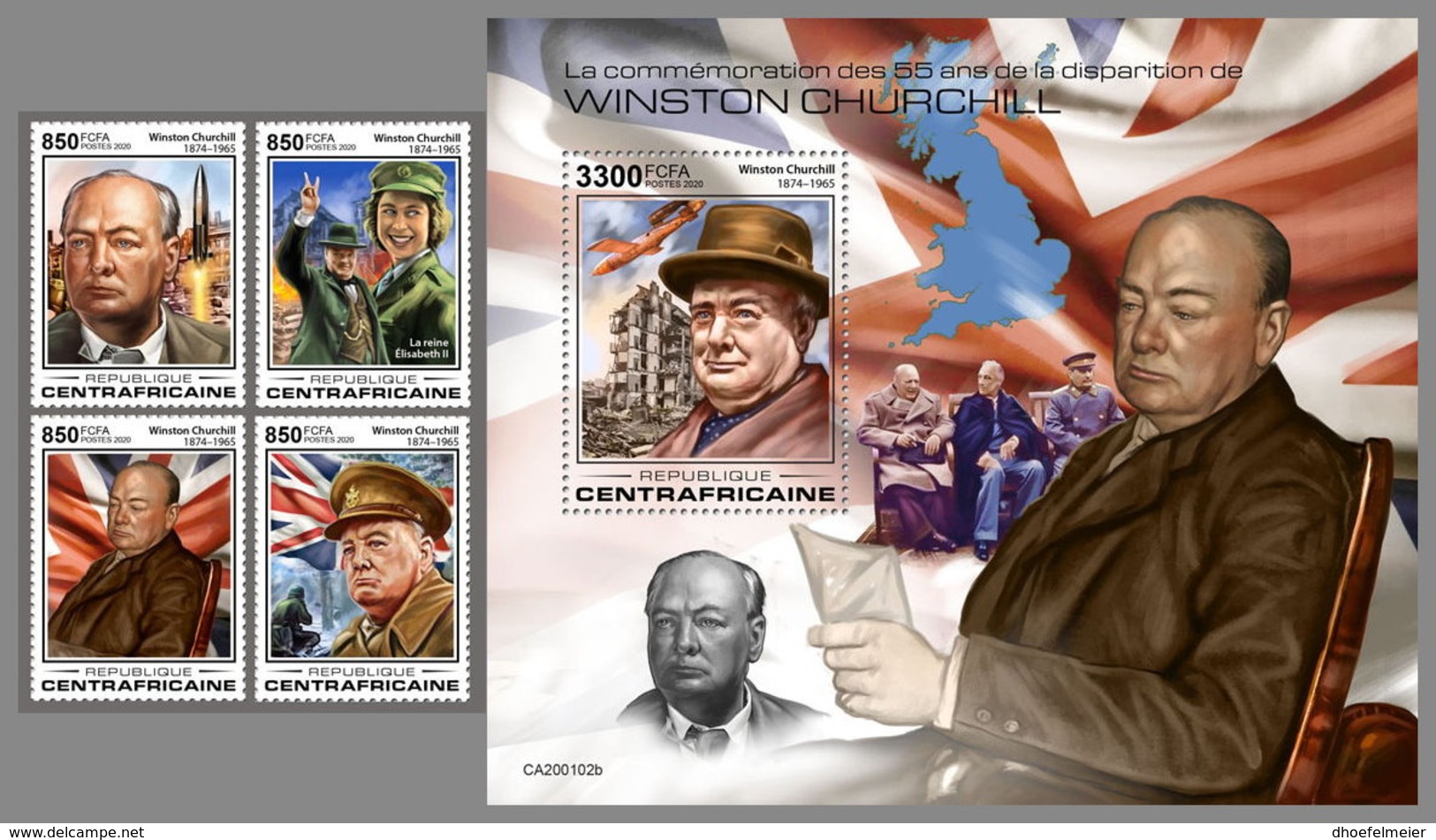 CENTRALAFRICA 2020 MNH Winston Churchill 4v+S/S - IMPERFORATED - DH2010 - Sir Winston Churchill