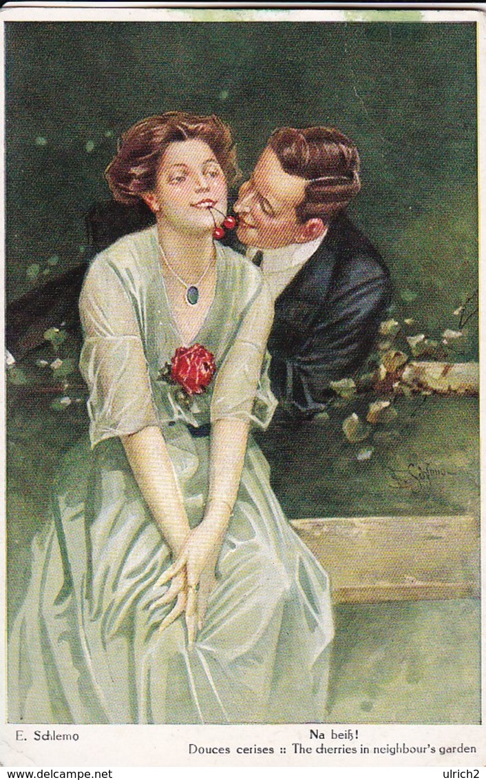 AK Künstlerkarte F. Schlemo - Na Beiß! - Douces Cérises - Liebespaar - Ca. 1920 (47782) - Schlemo, F.