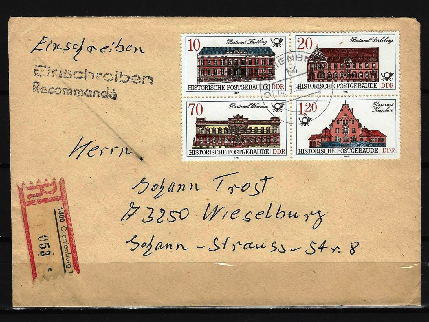 DDR - RECO-Beleg Viererblock Mi-Nr. 3067 - 3070 Stempel ORANIENBURG - Sonstige & Ohne Zuordnung