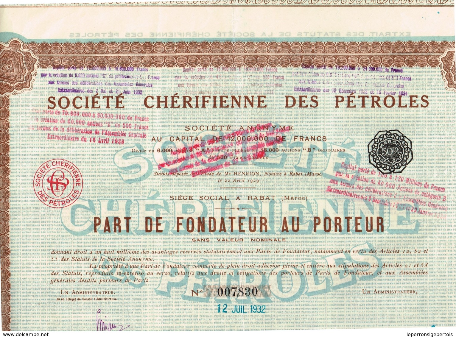 Titre Ancien - Société Chérifienne Des Pétroles - Société Anonyme - Titre De 1932 - Aardolie