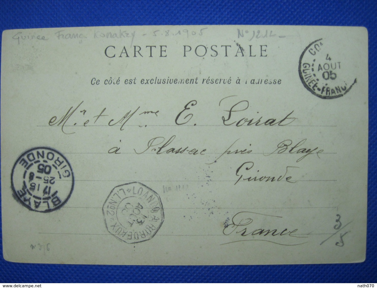 GUINEE KONAKRY CPA 1905 PLASSAC BLAYE Cachet Maritime 1911 Ligne L Paquebot Loango à Bordeaux LL N°2 - Covers & Documents