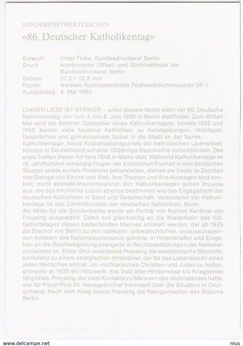 Germany Deutschland 1980 Maximum Card, Kardinal V. Preysing, 86. Deutscher Katholikentag, Berlin - 1961-1980
