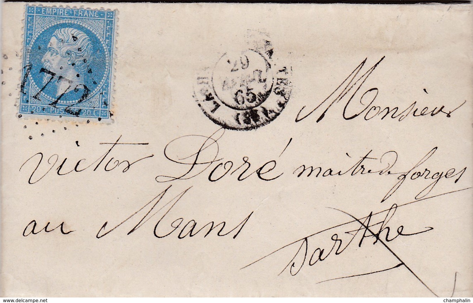 LAC De La Haye-Descartes (37) Pour Le Mans (72) - 29 Avril 1865 - Timbre YT22 + Ob. Losange GC 1772 - CAD Rond Type 15 - 1849-1876: Periodo Clásico