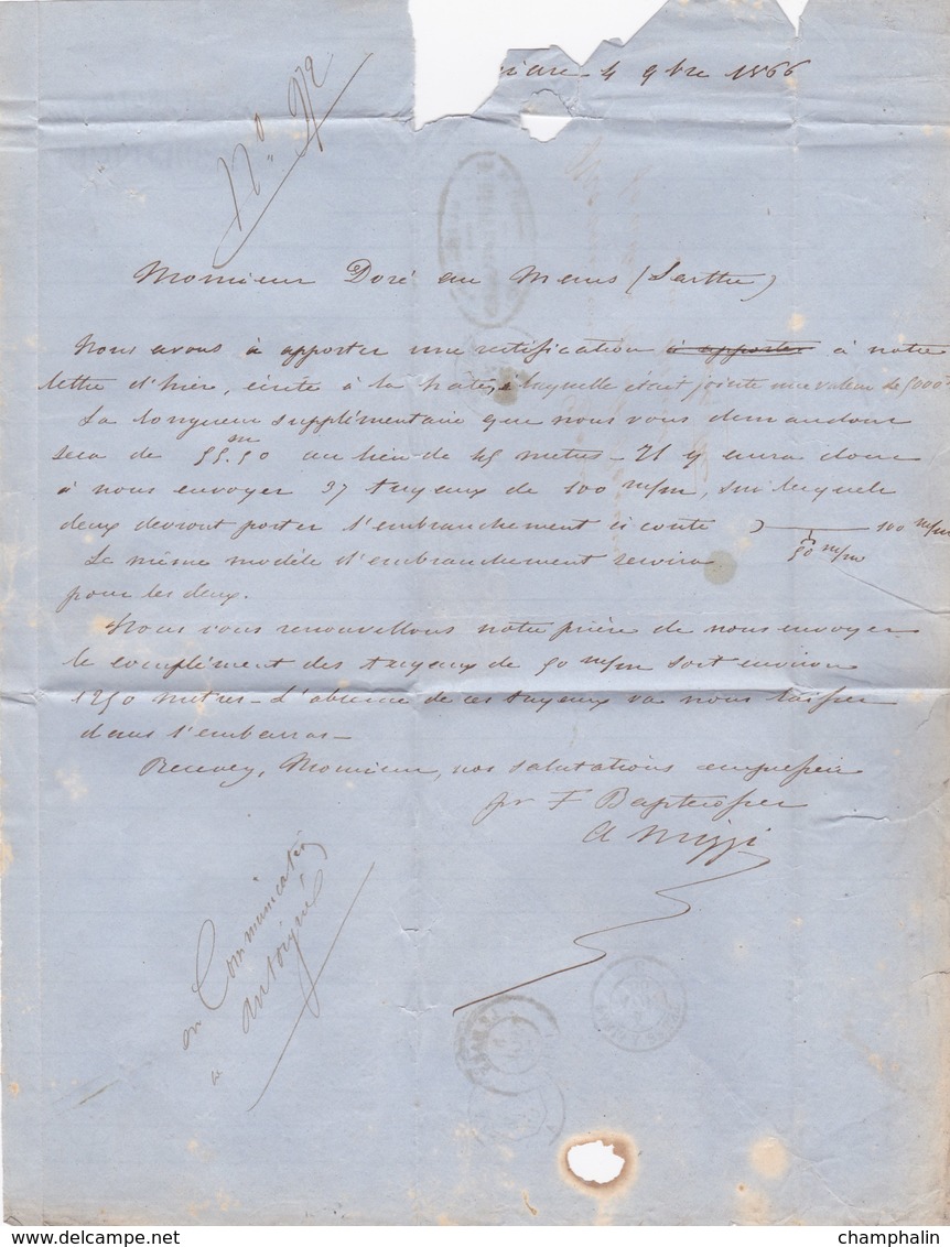 LAC De Briare (45) Pour Le Mans (72) - 4 Novembre 1866 - Timbre YT22 + Ob. Los. GC 623 - CAD 15 + Ambulant + Cachet A - 1849-1876: Période Classique