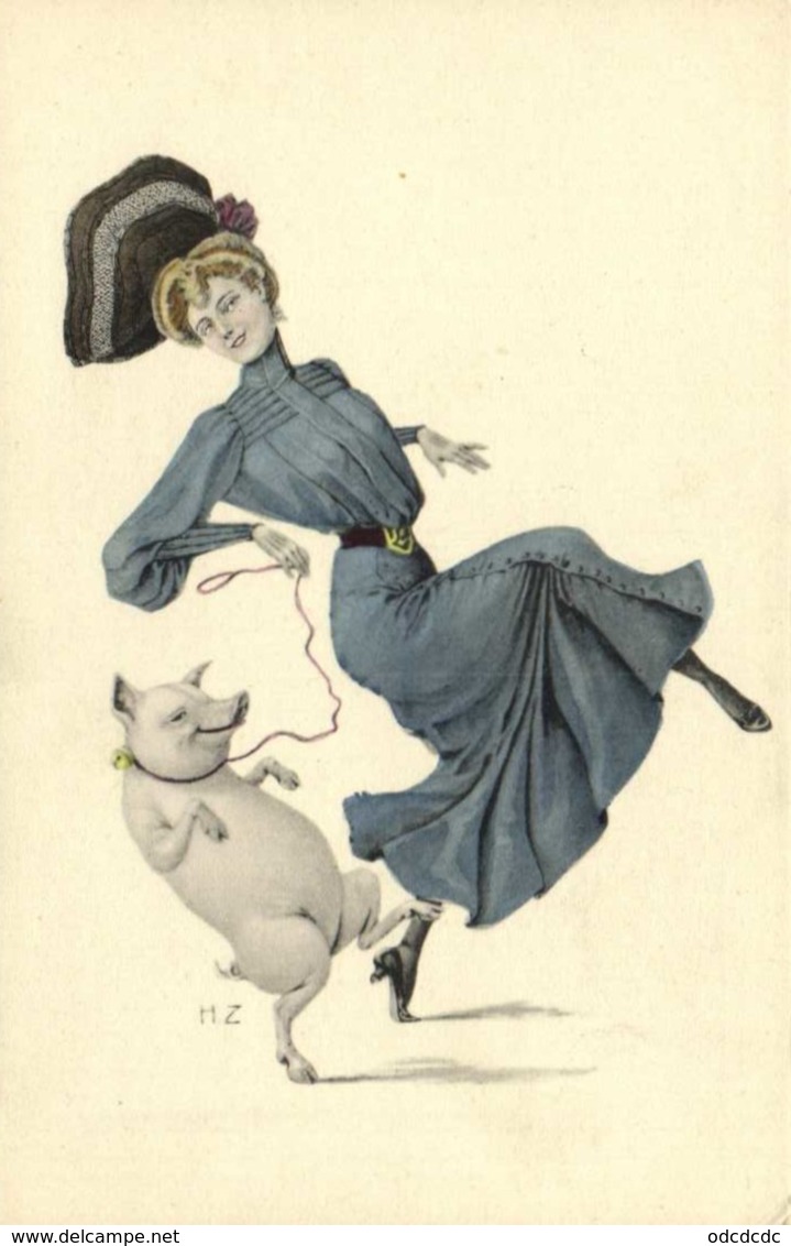 Illustrateur H Z Jeune Chapeau Dansant Avec Un Cochon RV - Femmes