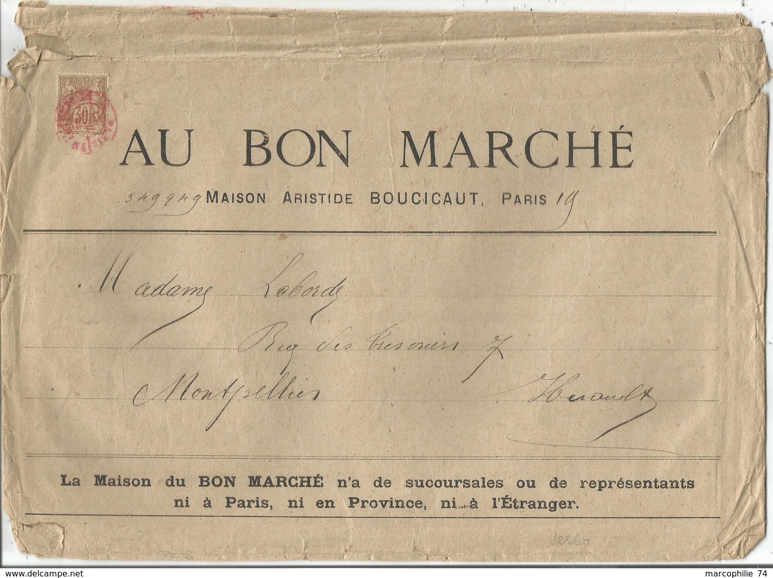 SAGE 30C BRUN N°80 SEUL GRAND COLIS ILLUSTRATION BON MARCHE CACHET ROUGE IMPRIMES PP PARIS 1883 ETAT MOYEN MAIS RARE - 1876-1898 Sage (Tipo II)