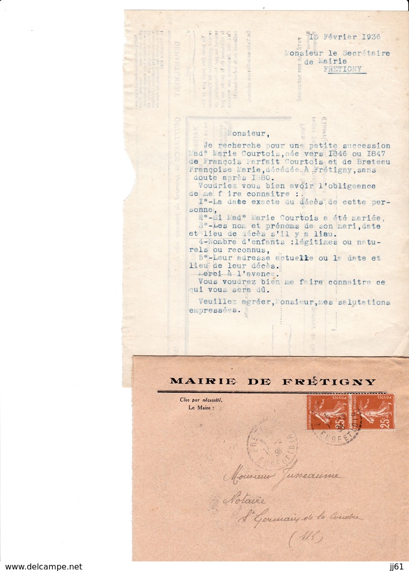 FRETIGNY EURE ET LOIRE MAIRIE LETTRE  ET ENVELOPPE  ENTETE ANNEE 1936 - Autres & Non Classés