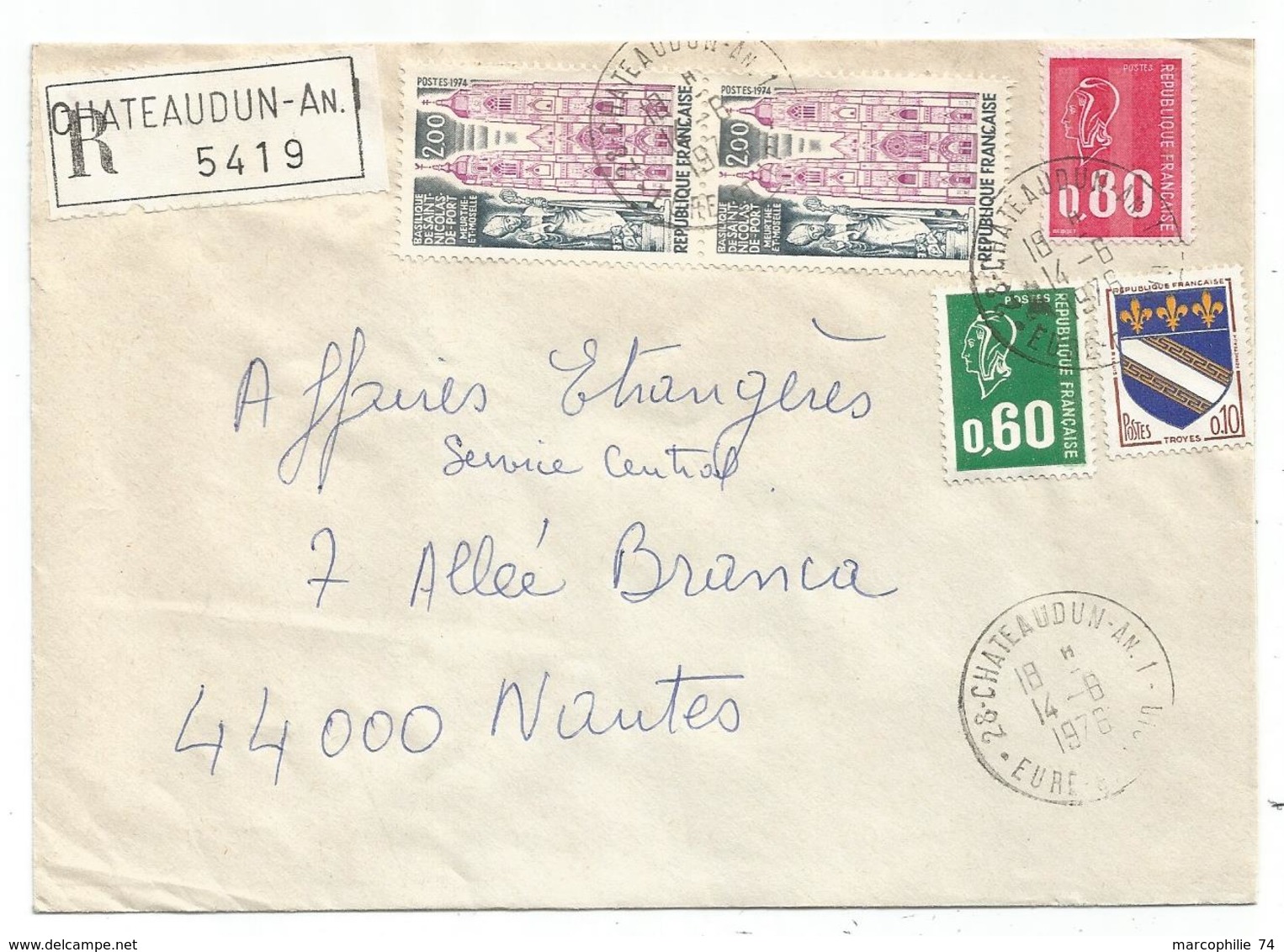 BEQUET 60C+80C+10C BLASON+ 2FRX2 LETTRE REC CHATEAUDUN AN.1 14.8.1976 EURE ET LOIR - Handstempel