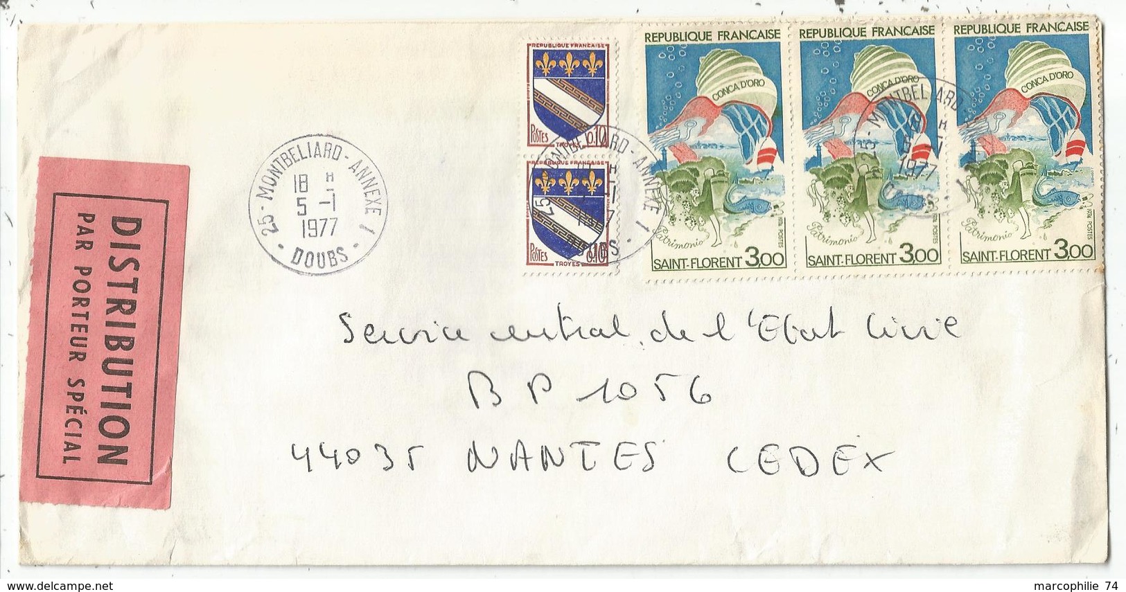 3FR ST FLORENTX3+10C BLASON PAIRE LETTRE DISTRIBUTION SPECIAL TAD 25  MONTBELIARD ANNEXE 1 5.1.1977 DOUBS - Manual Postmarks