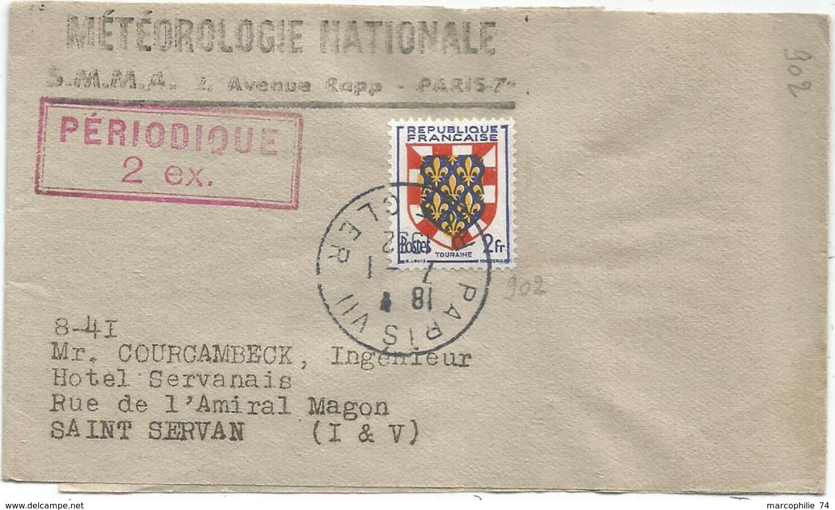 BLASON N°902 SEUL PETITE BANDE COMPLETE PARIS 7.1.1952 POUR ST SERVAN AU TARIF - 1941-66 Armoiries Et Blasons