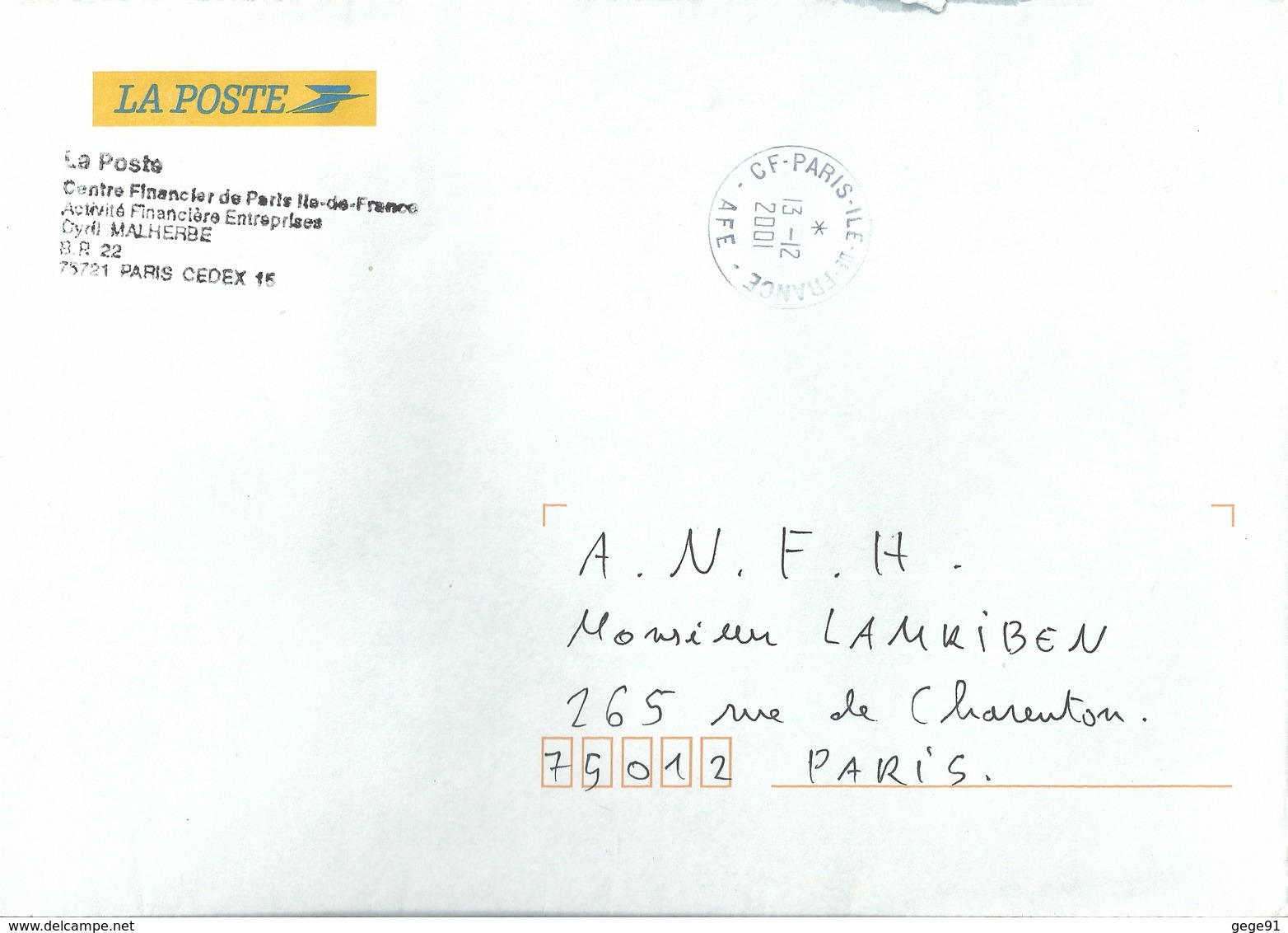 Cachet Manuel De CF Paris Ile De France _ Centre Financier - AFE - Activité Financière Entreprises - Manual Postmarks