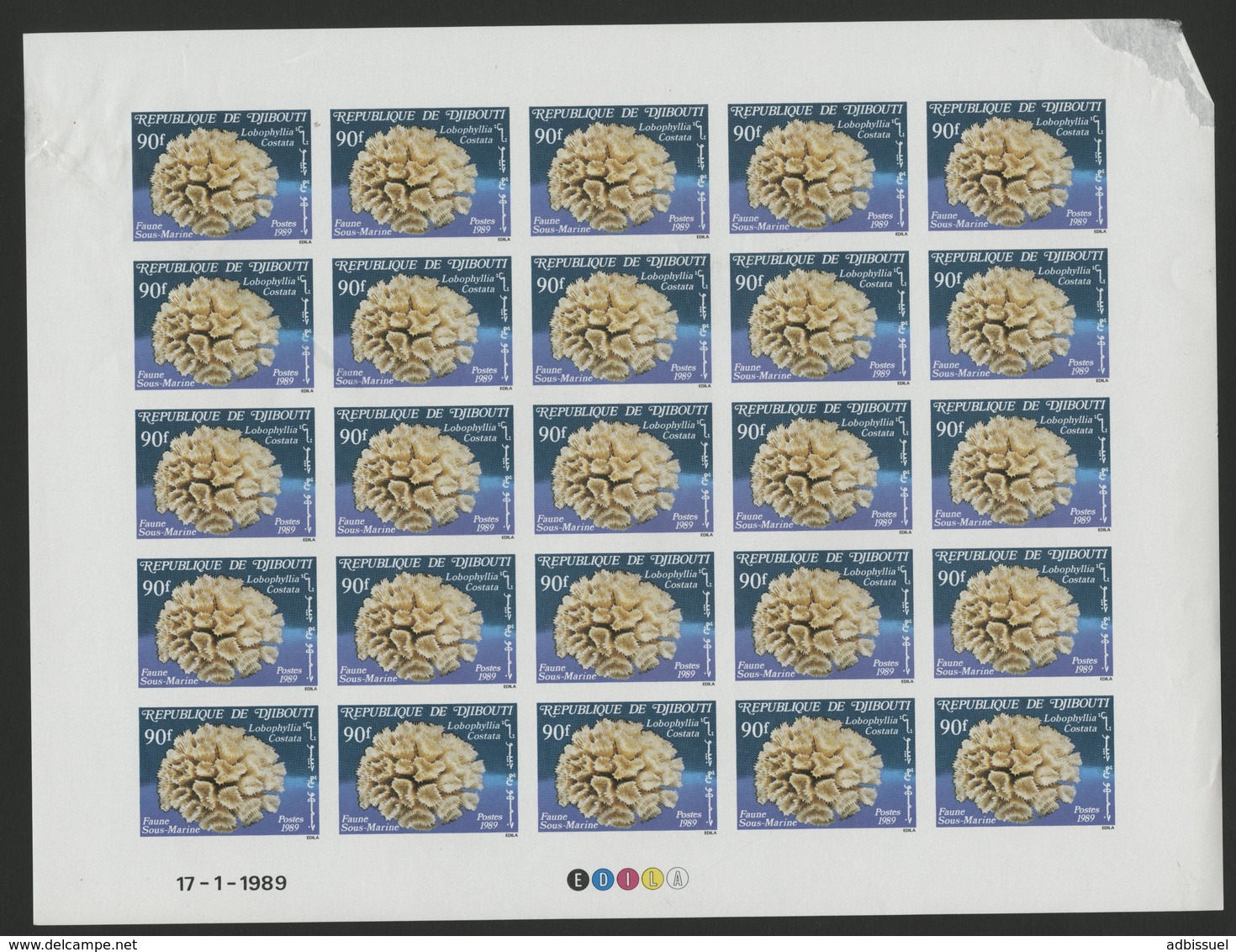 DJIBOUTI N° 647 FEUILLE COMPLETE DE 25 Ex. MNH ** Non Dentelés (imperforated) LABOPHYLLIA COSTATA Lobed Cactus Coral - Mundo Aquatico