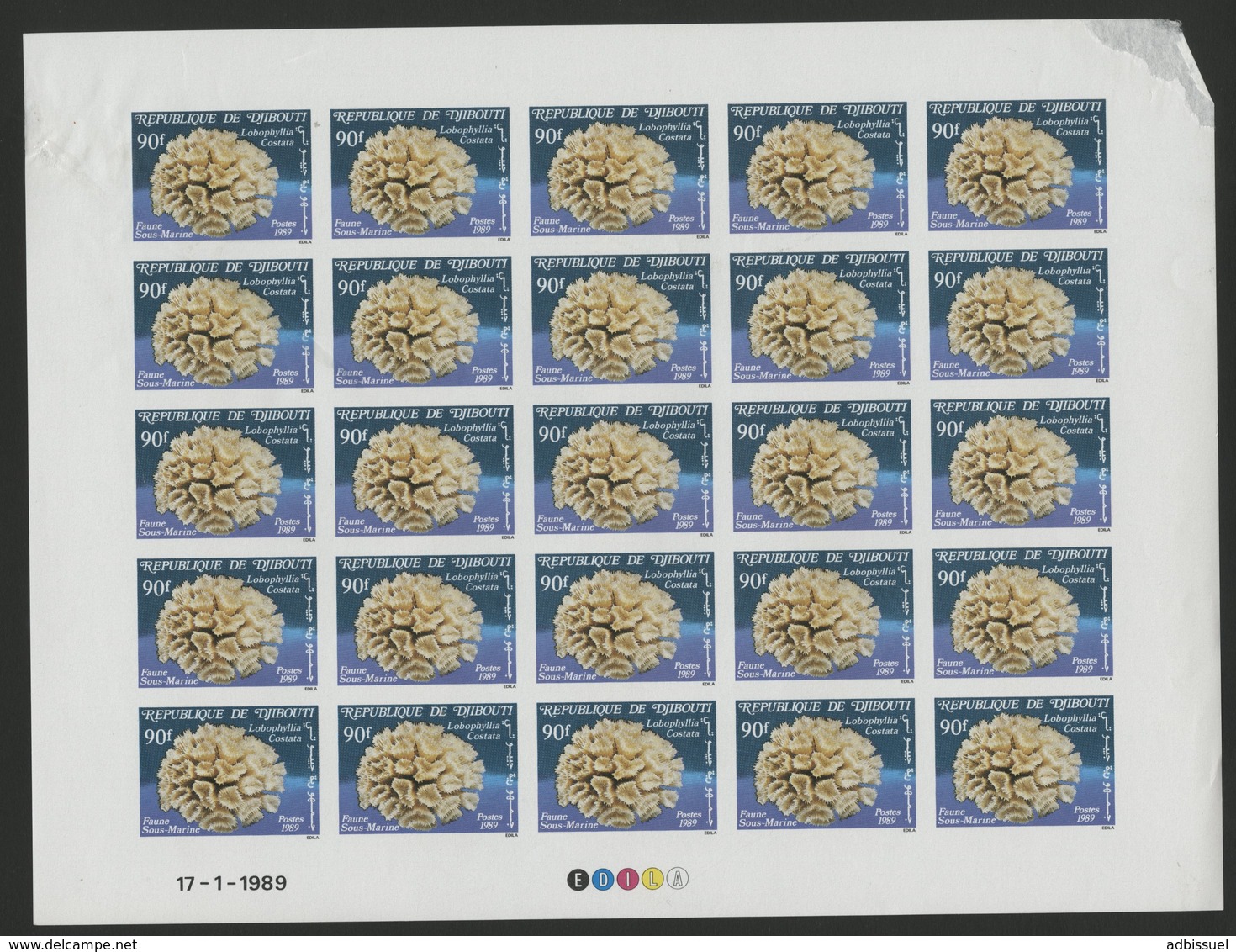 DJIBOUTI N° 647 FEUILLE COMPLETE DE 25 Ex. MNH ** Non Dentelés (imperforated) LABOPHYLLIA COSTATA Lobed Cactus Coral - Marine Life