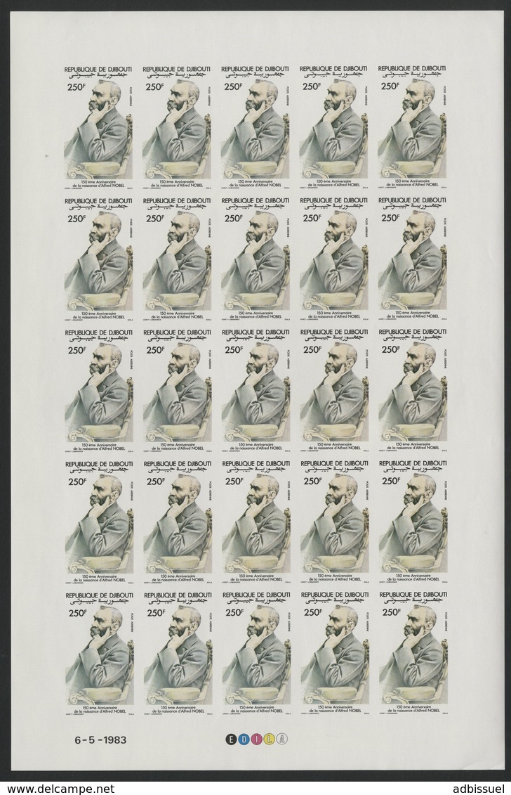 DJIBOUTI POSTE AERIENNE N° 187 FEUILLE COMPLETE DE 25 Ex. Non Dentelés (imperforated) MNH ** ALFRED NOBEL. TB - Nobelpreisträger