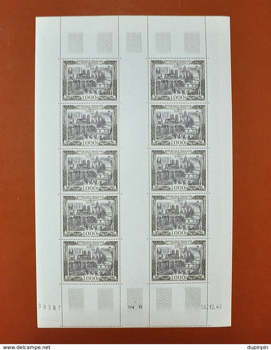 Feuille Complète De 10 Timbres POSTE AERIENNE - ** 29 Paris, 1000f - Coin Daté 16.12.49 - Volledige Vellen