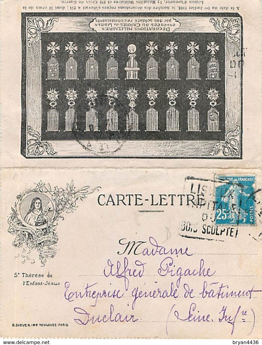 SAINTE THERESE DE LISIEUX RARE CARTE LETTRE - ILLUSTREE DES DECORATIONS MILITAIRES ENVOYEES PAR DES POILUS AU CARMEL - Images Religieuses