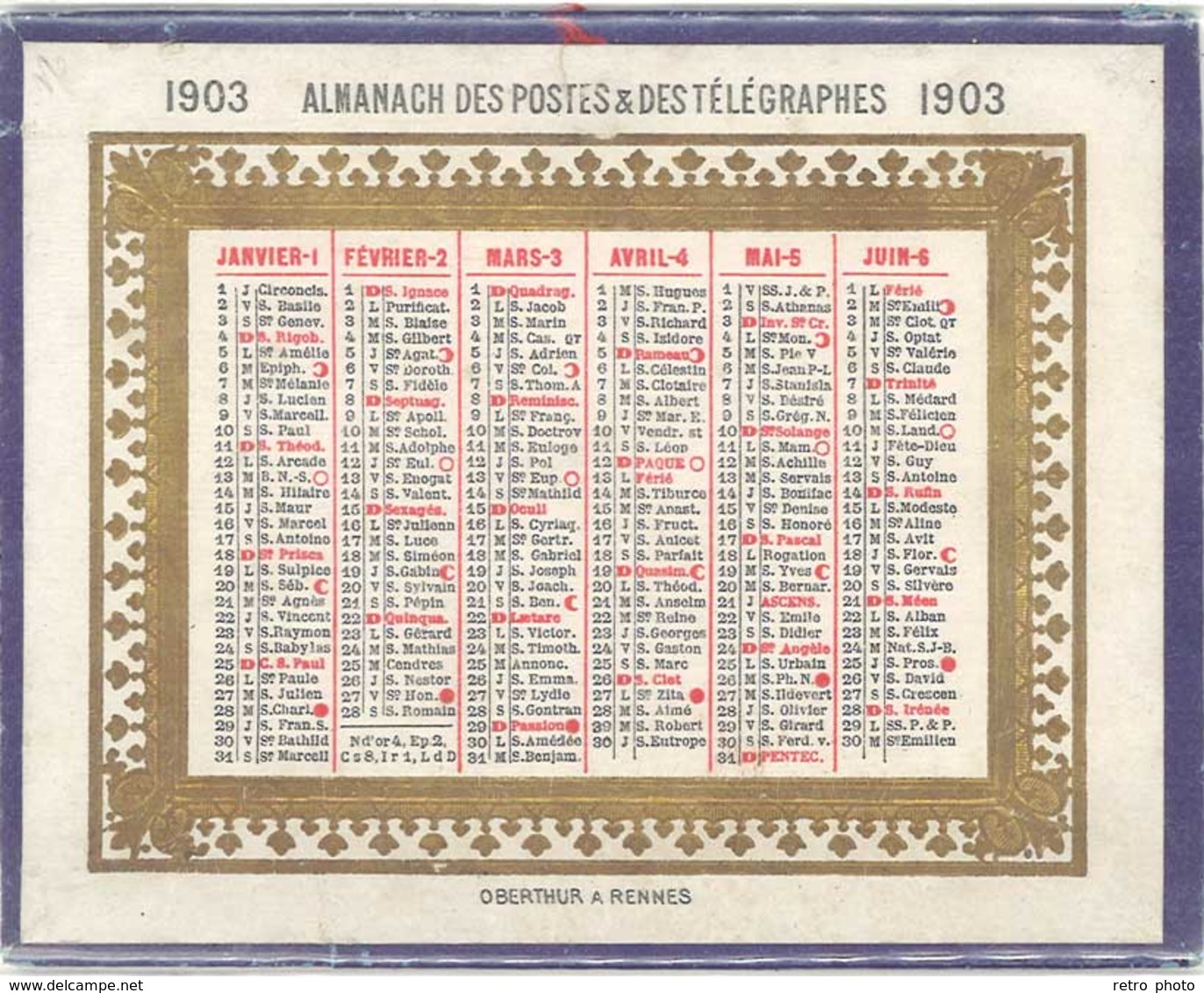 Petit Almanach Des Postes & Des Télégraphes 1903, Calendrier Cartonné - Tamaño Pequeño : 1901-20