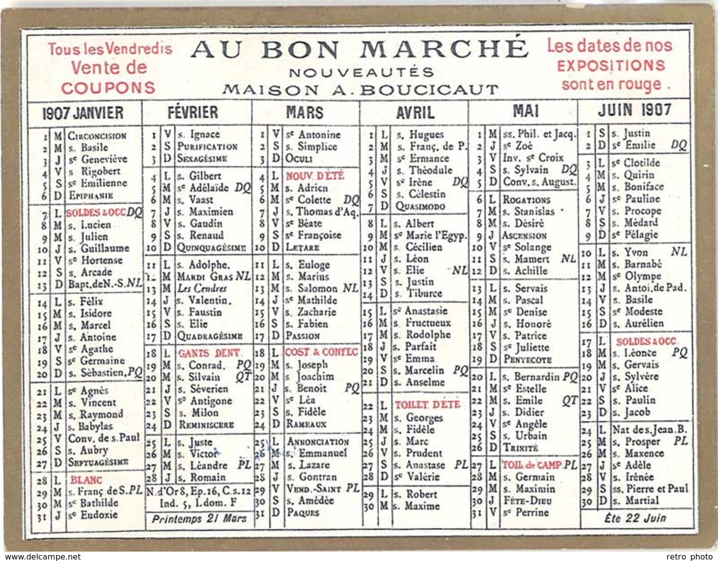 Petit Calendrier «  Au Bon Marché «  1907 - Petit Format : 1901-20