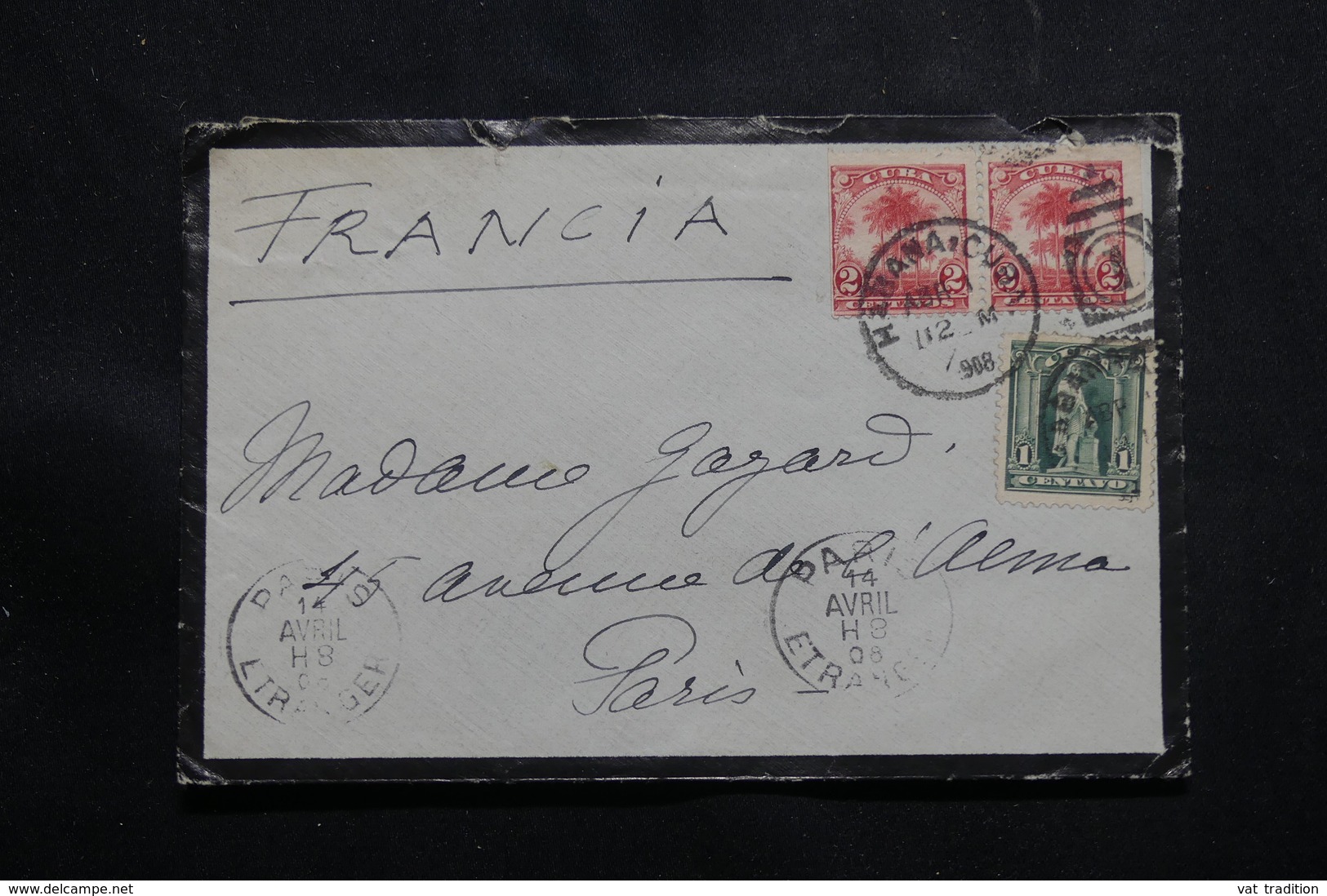 CUBA - Enveloppe De Habana Pour Paris En 1908, Affranchissement Plaisant - L 54890 - Storia Postale