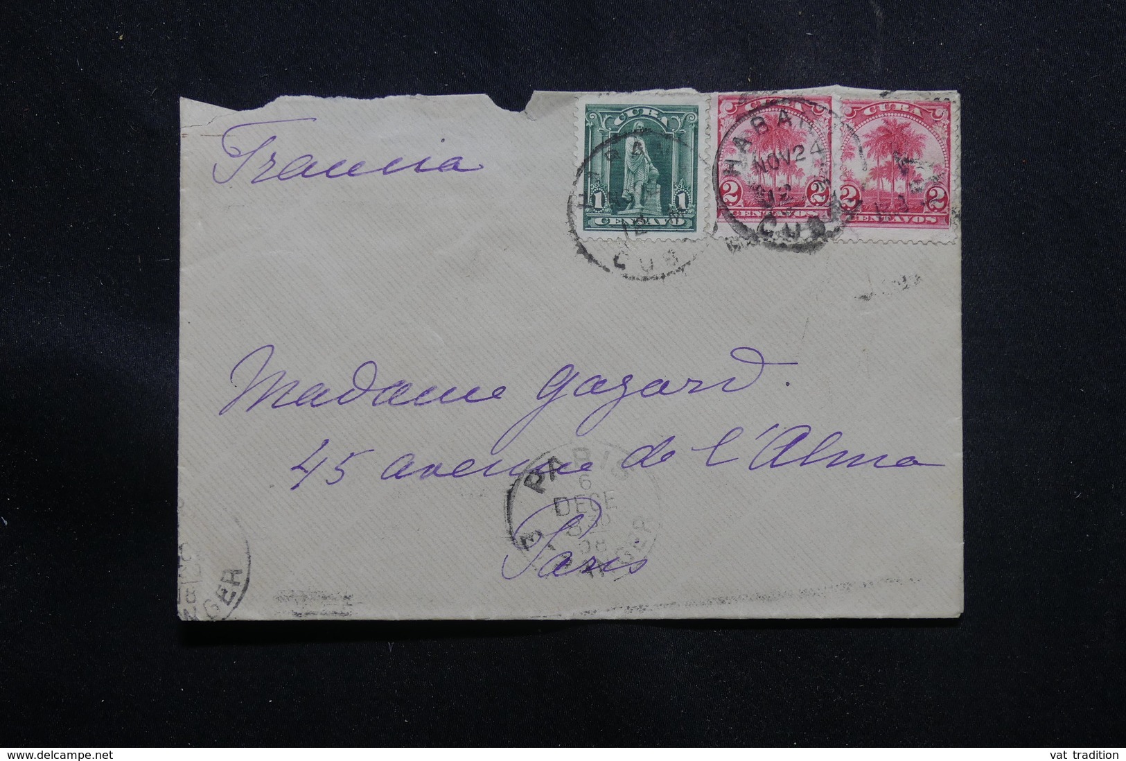 CUBA - Enveloppe De Habana Pour Paris En 1908, Affranchissement Plaisant - L 54892 - Cartas & Documentos