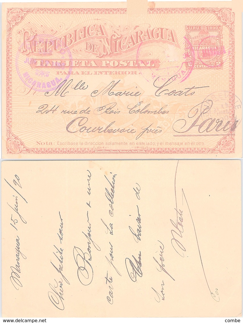 NICARAGUA. POST CARD STATIONERY 2c 1890 MANAGUA TO PARIS - Other & Unclassified