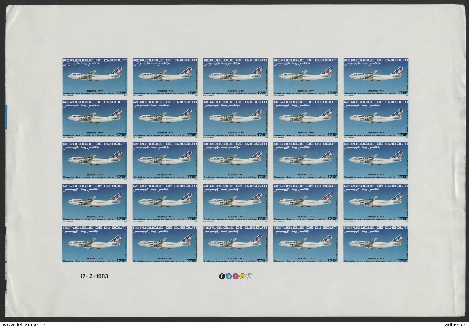 DJIBOUTI POSTE AERIENNE N° 185 FEUILLE DE 25 Ex. Non Dentelés (imperforated) Neufs ** MNH. BOEING 747. - Flugzeuge