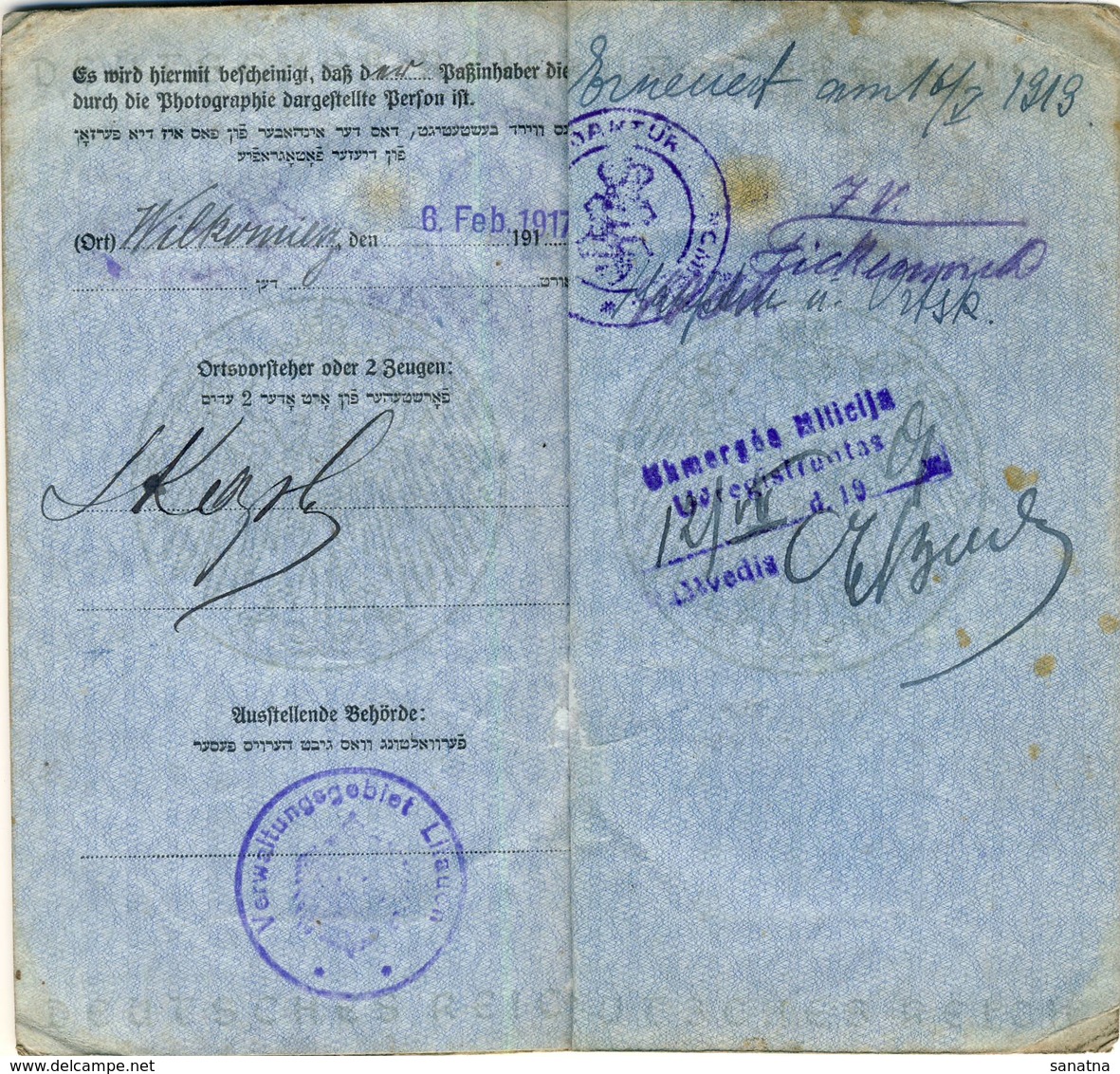 LITHUANIA JUDAICA  Wilkomierz Passport Ukmerge Pasas 1917 - Historische Documenten