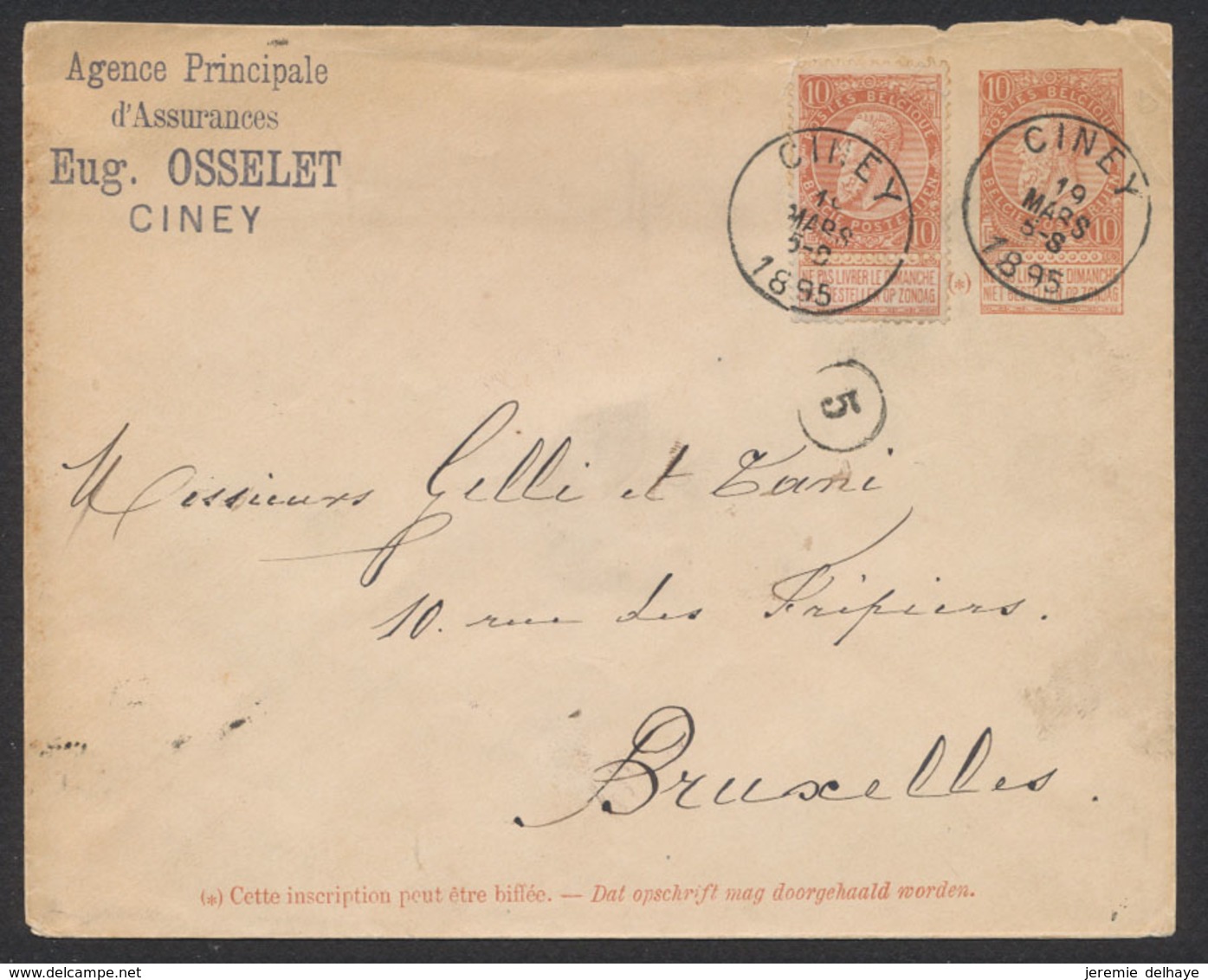 EP Au Type Env. 10ctm Orange Fine Barbe + N°57 Obl Simple Cercle "Ciney" (1895) Vers Bruxelles. - Enveloppes