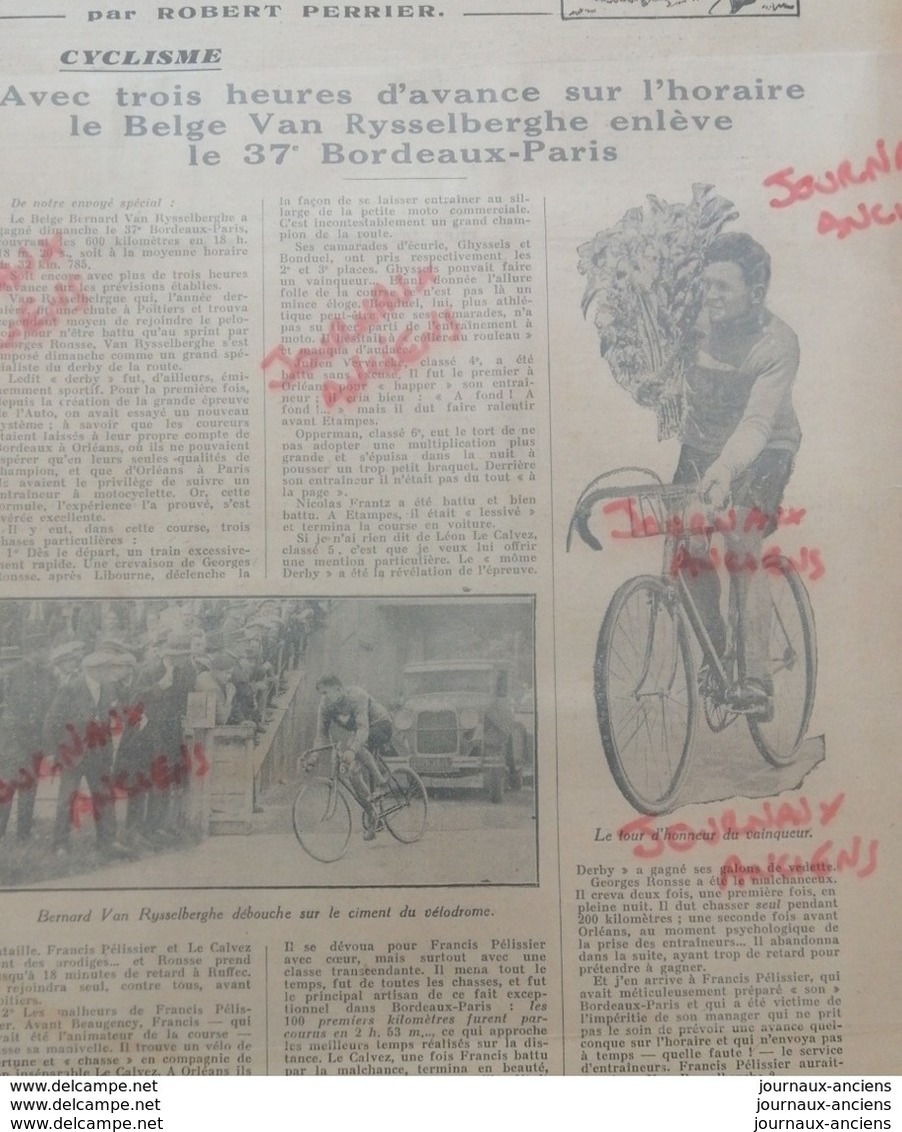 1931 CYCLISME - BORDEAUX = PARIS - LE BELGE VAN RYSSELBERGHE - Autres & Non Classés