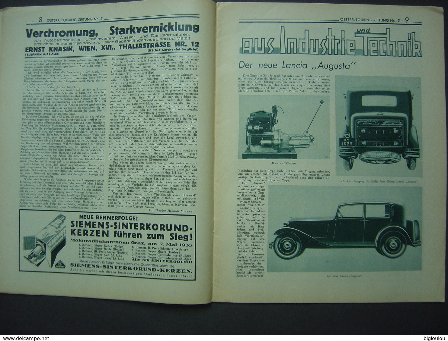 Österreichische Touring Zeitung - Mai 1933 -- Automobile Lancia Augusta - Publicité Steyr - Auto & Verkehr