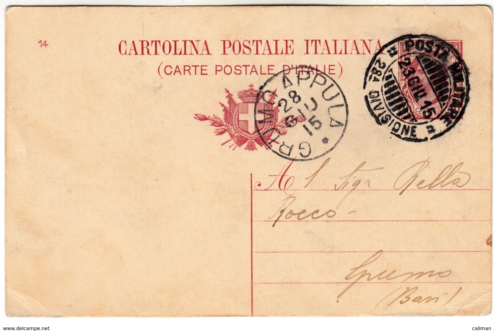 GRUMO APPULA BARI ANNULLO POSTA MILITARE 1915 28° DIVISIONE - CARTOLINA POSTALE ITALIANA - Guerra 1914-18