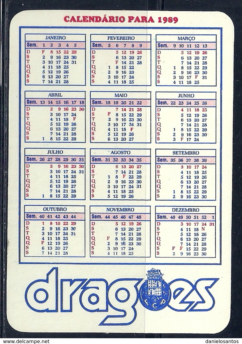 1989 Pocket Calendar Calandrier Calendario Portugal Futebol Soccer Futebol Clube Do Porto FCP Dragões Gomes Bota Ouro - Grand Format : 1981-90