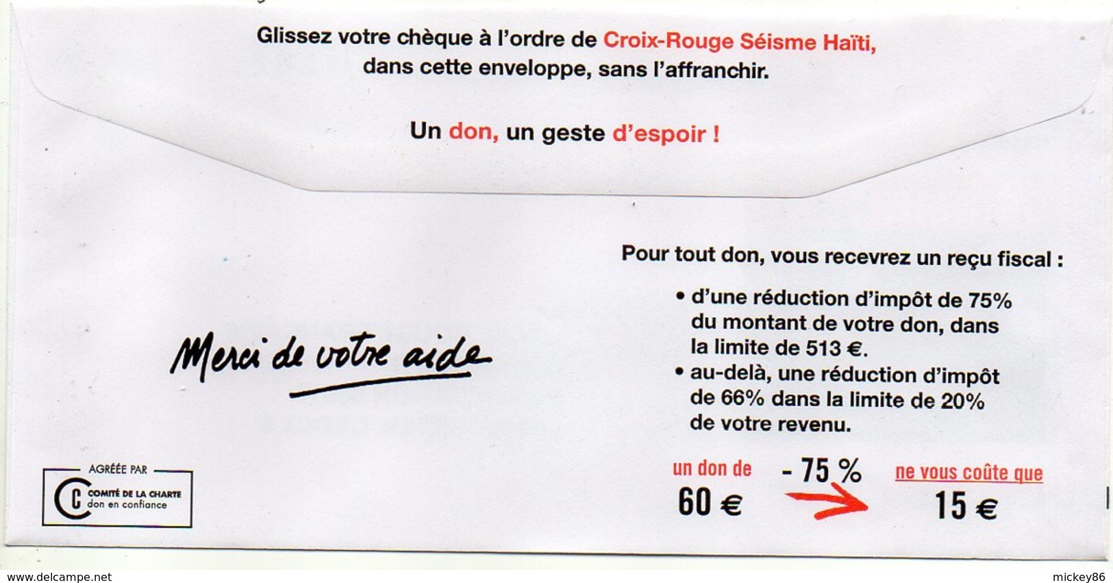 2010--Entier--Enveloppe T  Croix-Rouge -- SEISME  HAITI ---Neuf  -- Pub   LA POSTE ..............à Saisir - Cartes/Enveloppes Réponse T