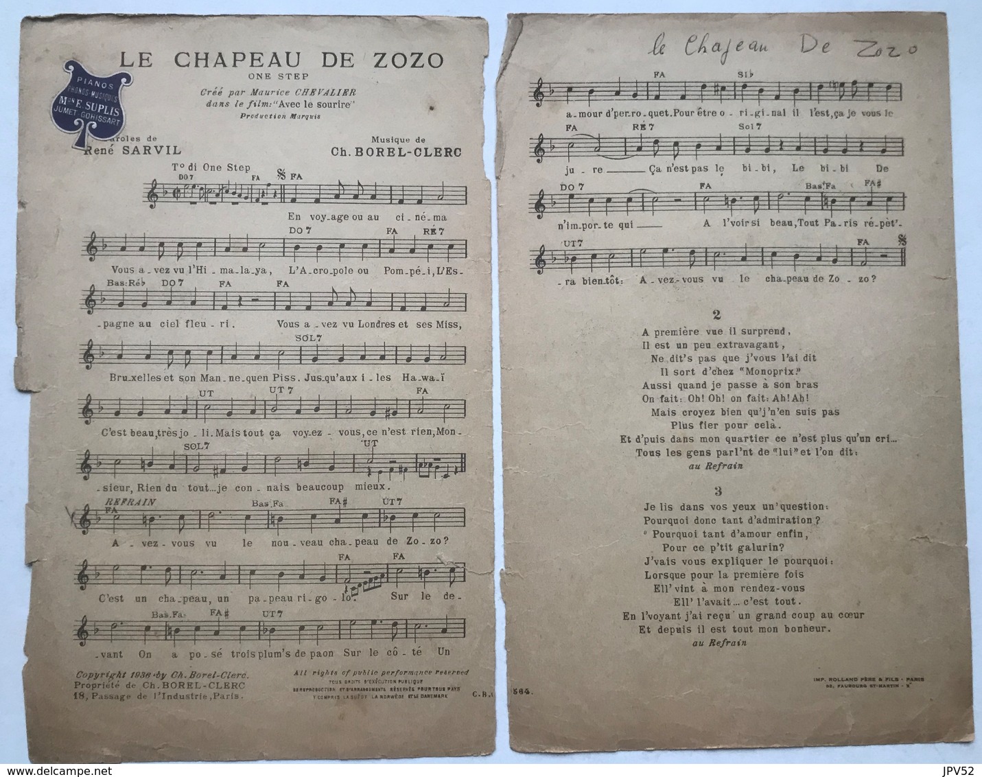 (157) Partituur - Partition - LE CHAPEAU DE ZOZO - Maurice Chevalier - Scores & Partitions