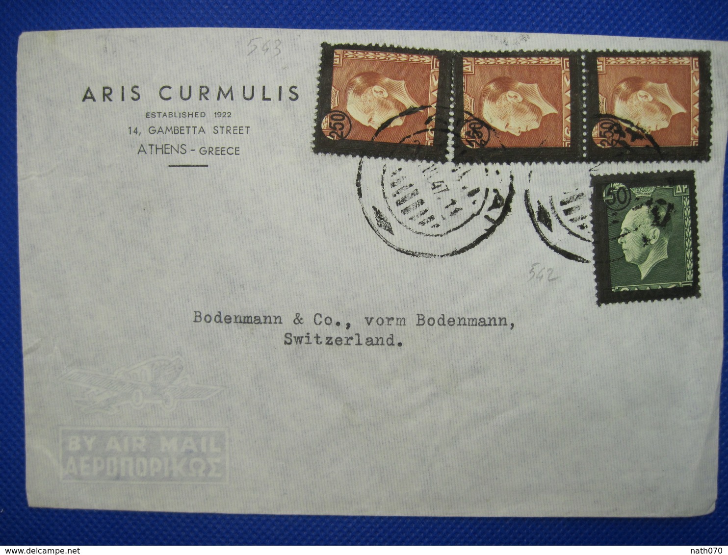 GRECE 1947 Swtizerland Greece Air Mail Par Avion Cover Enveloppe Roi George Paire N° 543 - Cartas & Documentos